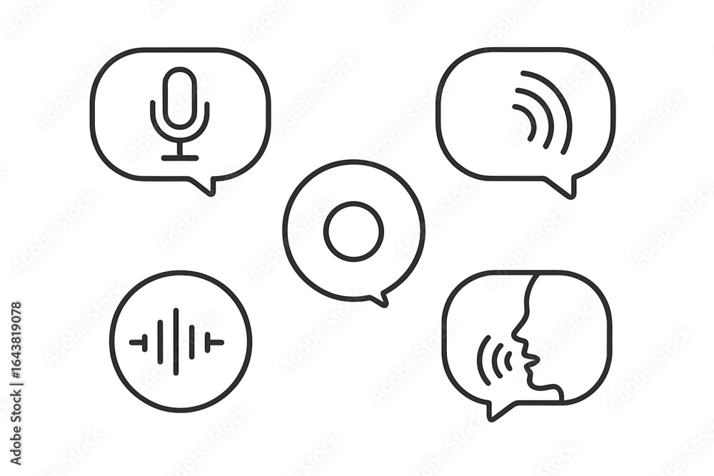 Poster various audio icons representing voice communication and sound waves in a modern digital context