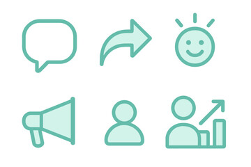 Communication icons representing interaction, sharing, positivity, and growth in a digital context
