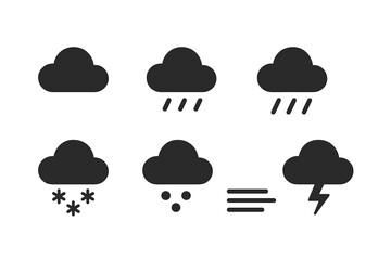 Various weather symbols including clouds, rain, snow, and storm represented in simple black icons against a white background