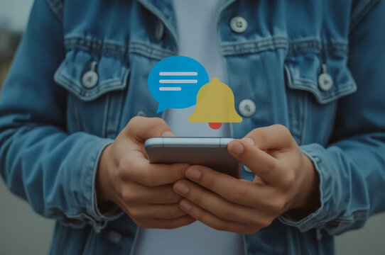Smartphone notification: Focused on a mobile phone, a person interacts with social media and online activity, surrounded by message and notification bubbles. - Powered by Adobe