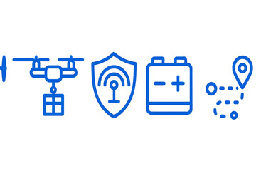 Icons representing drone technology, including delivery, safety, battery, and navigation