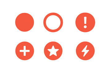 Collection of red circular icons featuring symbols like plus sign, star, and alert in simple design
