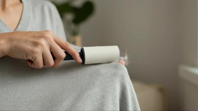 Hand using a sticky lint roller on a gray sweater, clean closeup lifestyle style, concept of fabric care, cleanliness and pet hair removal, ideal for laundry services and home tips