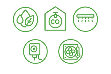 Icons representing environmental monitoring tools for air quality, water conservation, and energy efficiency in a modern context