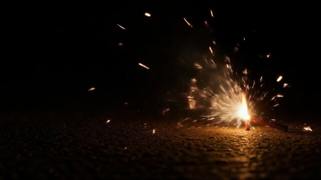 Firecracker lights on a dark sidewalk at night, dramatic cinematic style, danger concept, celebration and security warning, is great for festive actions, announcements of public services and banners o