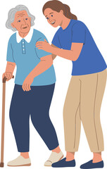Elderly woman with walking cane supported by young female caregiver, senior care assistance, healthcare support, nursing help, compassionate aid concept