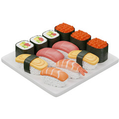 3D Sushi Platter on White Background, Centered, Clean and Simple. Generated AI.