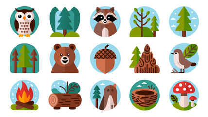 Flat design icons of forest animals, trees and elements in a circle