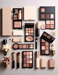 Makeup products, cosmetics, and beauty tools arranged on a light background