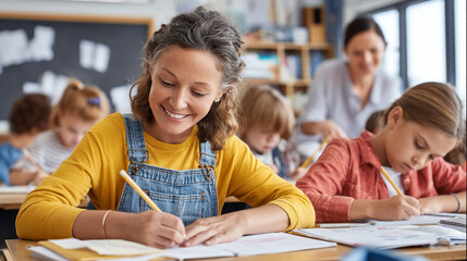 Smiling teacher assisting students with their work in a classroom setting today