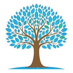 Obraz premium Stylized tree with blue leaves and brown trunk on white background