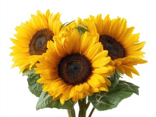 Three vibrant, sun-kissed sunflowers, fully bloomed, with dark centers and lush green leaves, isolated on a white background