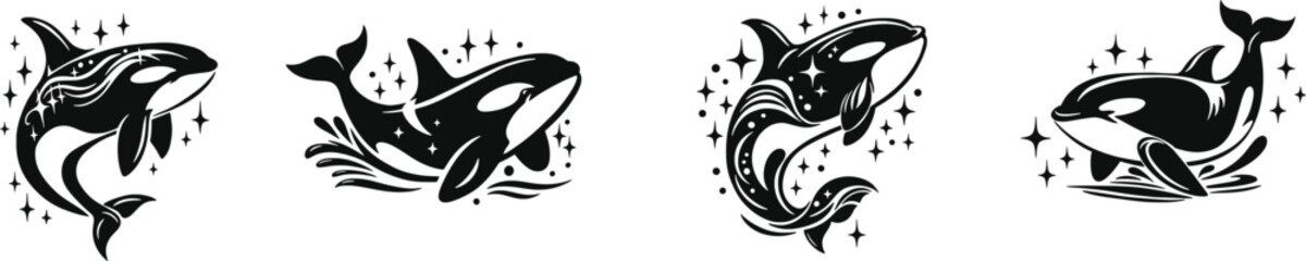 Set of orca vector illustrations with dynamic poses, ocean splash effects and sparkling star elements in bold black design on white background