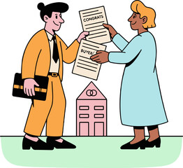 A real estate agent hands over documents to a buyer in front of a house illustration style image