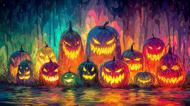Spooky halloween mystery glowing pumpkins illuminate a haunted forest magical nighttime trick or treat adventure