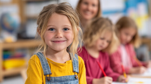 Portrait of a smiling blonde girl in overalls in a classroom setting with others - Powered by Adobe