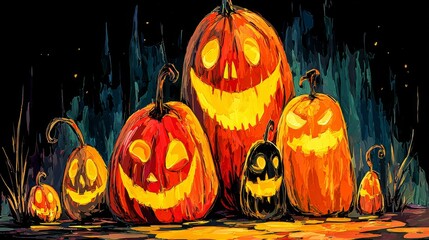 Spooky halloween pumpkins glowing in the dark haunted forest magical mystery trick-or-treat ghostly vibe