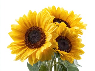 Obraz premium Three vibrant yellow sunflowers, fully bloomed, with dark brown centers, and green leaves, against a stark white background