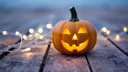 Small carved mini glowing pumpkin with warm lantern light inside, placed on a wooden terrace decorated with string lights and autumn garland.