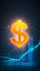 Glowing neon orange dollar sign hologram representing finance, economy, and investment. Banner for digital, corporate, and economic visuals.