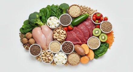 Overhead view of a colorful assortment of nutrient rich foods for a healthy diet and balanced lifestyle