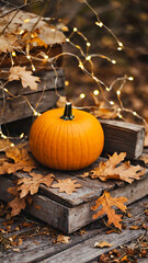  Halloween background with s mall carved mini pumpkin with warm lantern light inside, placed on a wooden terrace decorated with string lights and autumn garland.