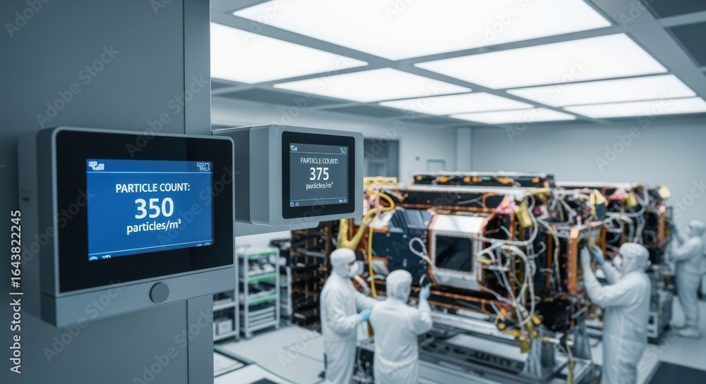 Poster environmental monitoring stations showing particle counts in a commercial satellite assembly cleanro