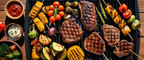 Charcoal Grilled Meat and Vegetables Composition