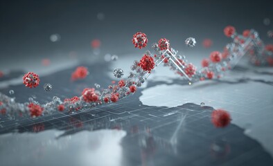 Global virus spread visualized.  Abstract graphic showing a fluctuating line graph superimposed on a world map.  Red virus particles scatter across the map's surface, emphasizing the spread.