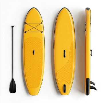 Three views of a vibrant yellow stand-up paddleboard with a matching paddle, showcasing its design and features against a plain white background