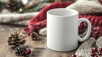 A blank, white, mock up template of an 11oz mug on Christmas themed backdrop, mug D-handle on right side, mock-up design concept