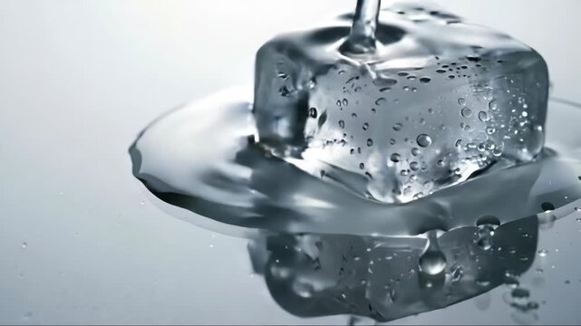 Melting ice cube with water puddle on reflective glass, crisp studio macro style, concept of freshness, cooling and time passing, great for beverage, summer promos and climate themes