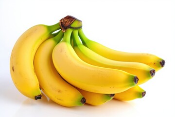 A vibrant bunch of ripe yellow bananas on a white background, a fresh and healthy tropical fruit snack