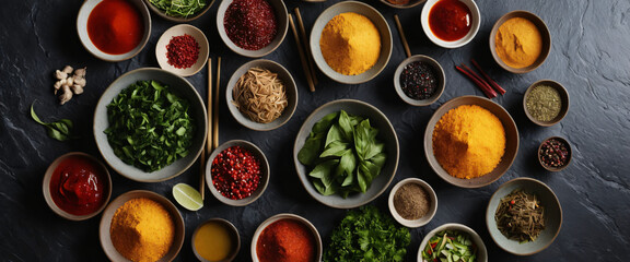 Top-down view of Asian cooking ingredients placed organically on a gray stone surface