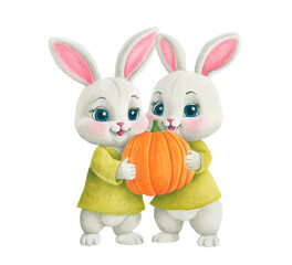 Hand drawn watercolor bunnies with pumpkin. A Thanksgiving card