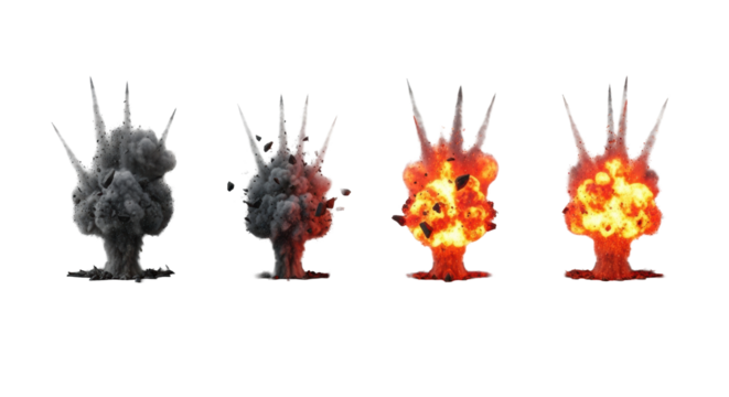Four explosions mid-burst: dark smoke/debris left, vibrant flames/embers right, on a transparent background with dark ground, high-angle studio shot, concept of destructive forces study