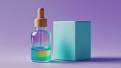 Iridescent Serum Bottle and Box on Purple Background