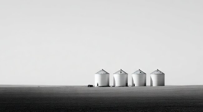 Three white grain silos stand alone on a vast, flat, monochrome landscape under a pale sky. A small, indistinct object sits near their base