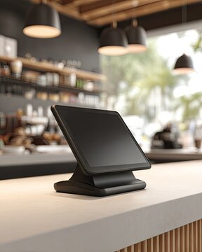 Sleek black tablet POS system on a clean counter in a modern cafe setting, blurred shelves and lighting in background