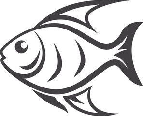 Hand drawn fish icon vector illustration, simple black and white line art, minimalist aquatic animal symbol, clean design for seafood, fishing, and marine projects