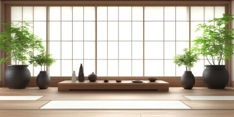 Japanese Zen Inspired Minimalist Stage Design in an Empty Room with White interior of wall