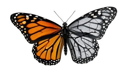 Fototapeta premium Monarch butterfly with one heavy stone wing, a metaphor for the weight of depression. 