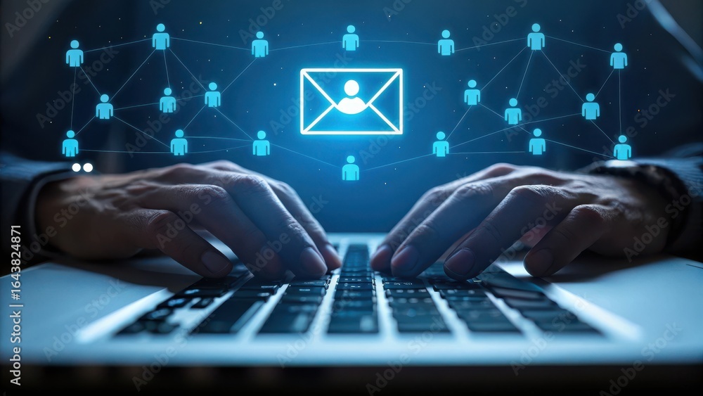 Poster close up of hands typing on a laptop with a glowing digital network of people and an email icon conn