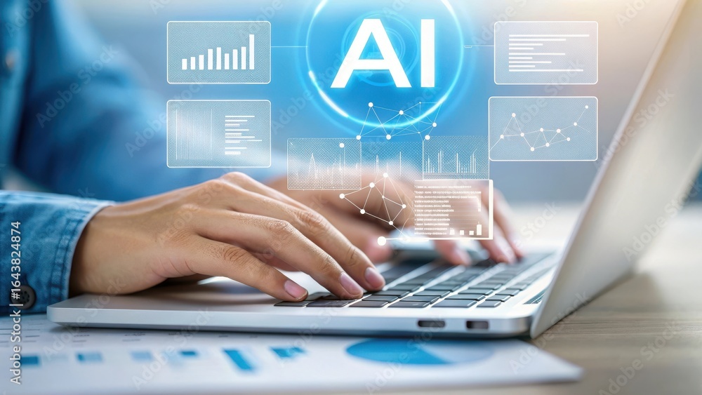 Poster close up of hands typing on a laptop with glowing ai interface and data analytics charts overlayed o