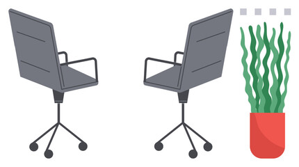Two swiveling grey office chairs next to a red pot with tall plants, representing modern design and workplace organization. Ideal for teamwork, productivity, design, collaboration, comfort, office