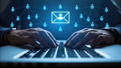 Close up of hands typing on a laptop with a glowing digital network of people and an email icon connecting them