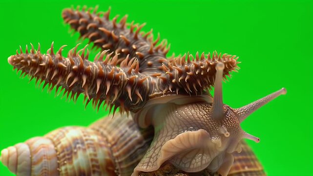 Gastropod with Pulsating Parasitic Worm on Head Against Green Background, Macro Shot