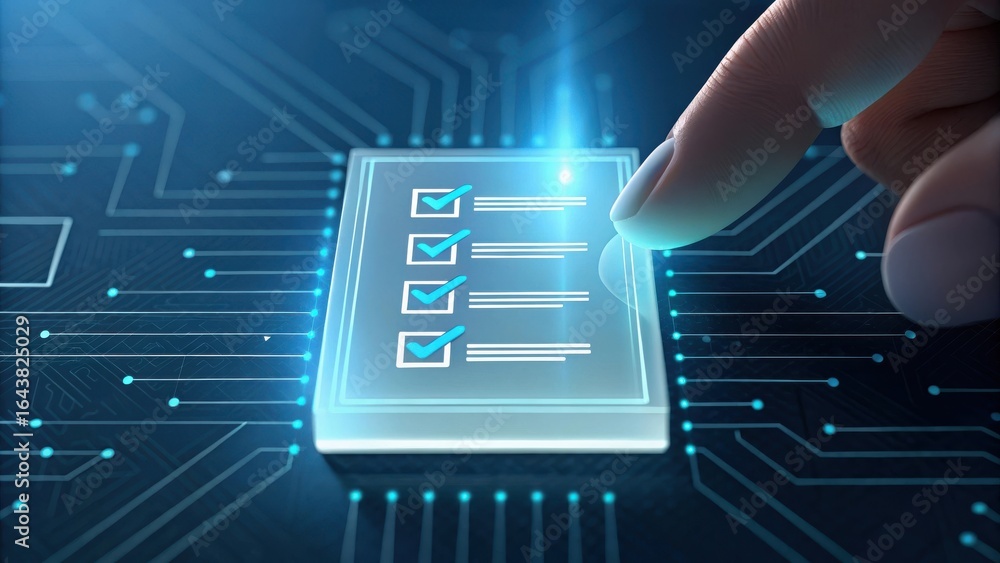 Poster finger pressing a glowing digital checklist on a futuristic circuit board representing technology an