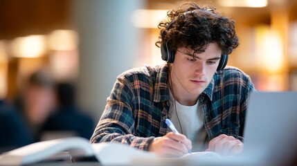 A young man with headphones studying and writing in a bright library setting