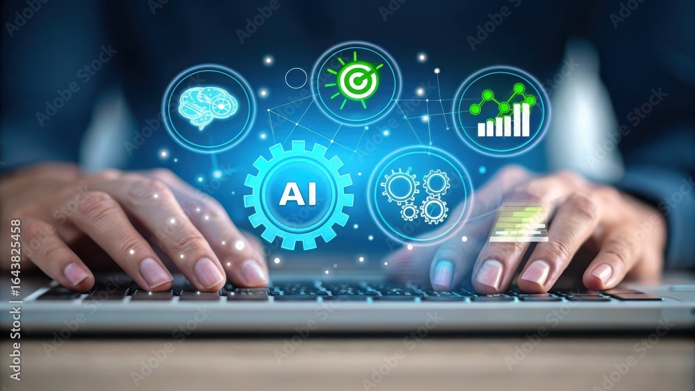 Poster hands typing on a laptop with glowing ai technology interface and digital icons representing innovat